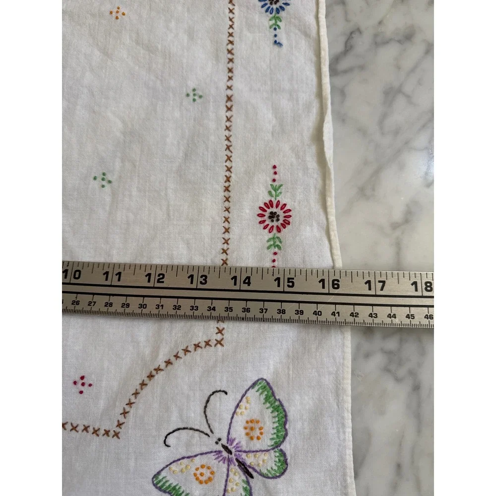 VTG Hand Embroidered Butterfly Floral White Linen Placemat Table Runner 22x16